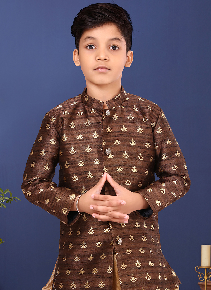 Jacquard-silk-brown-wedding-wear-weaving-readymade-kids-indo-western